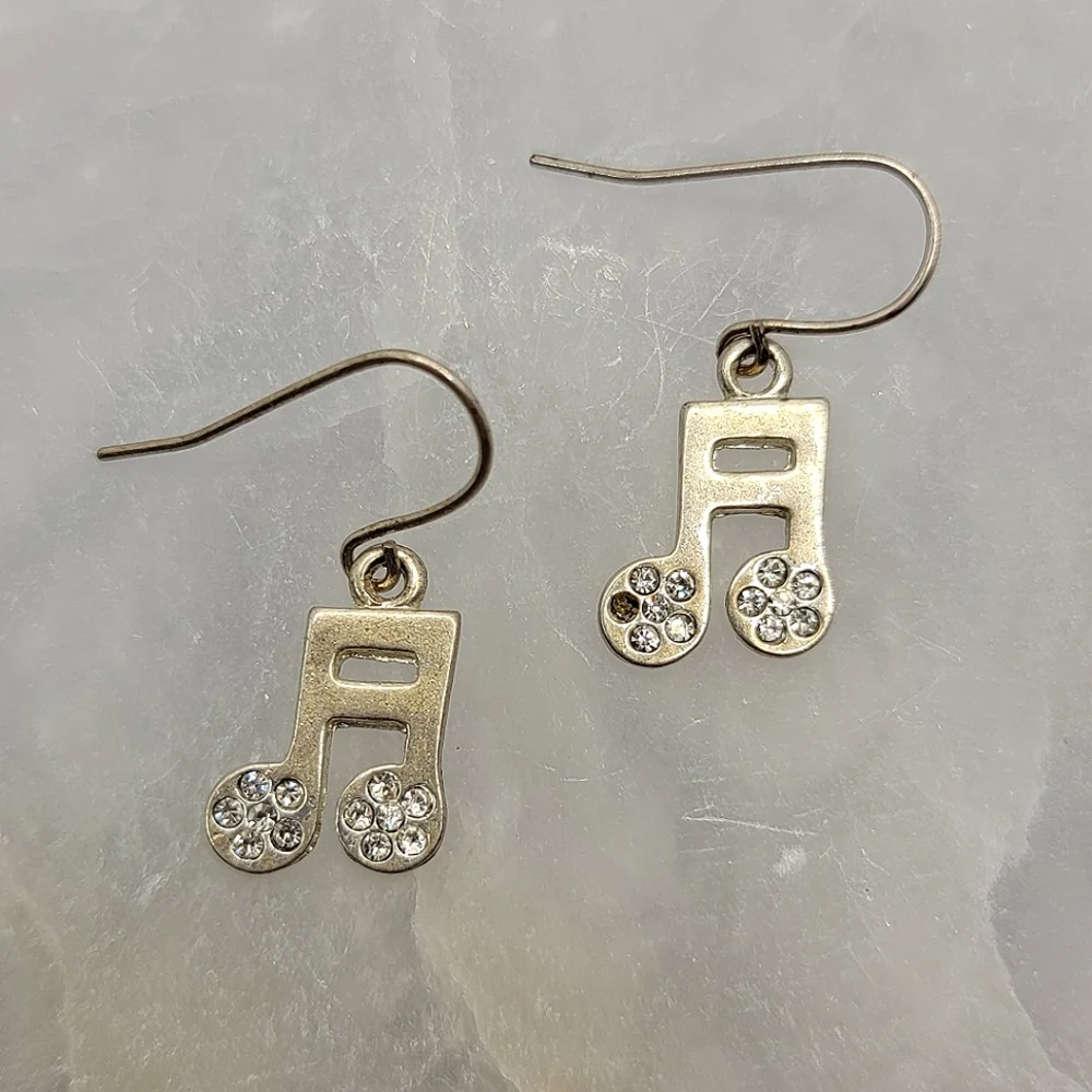 FREE with bundle Musical Note Drop Earrings Silver Tone Rhinestone Dangle Flawed
